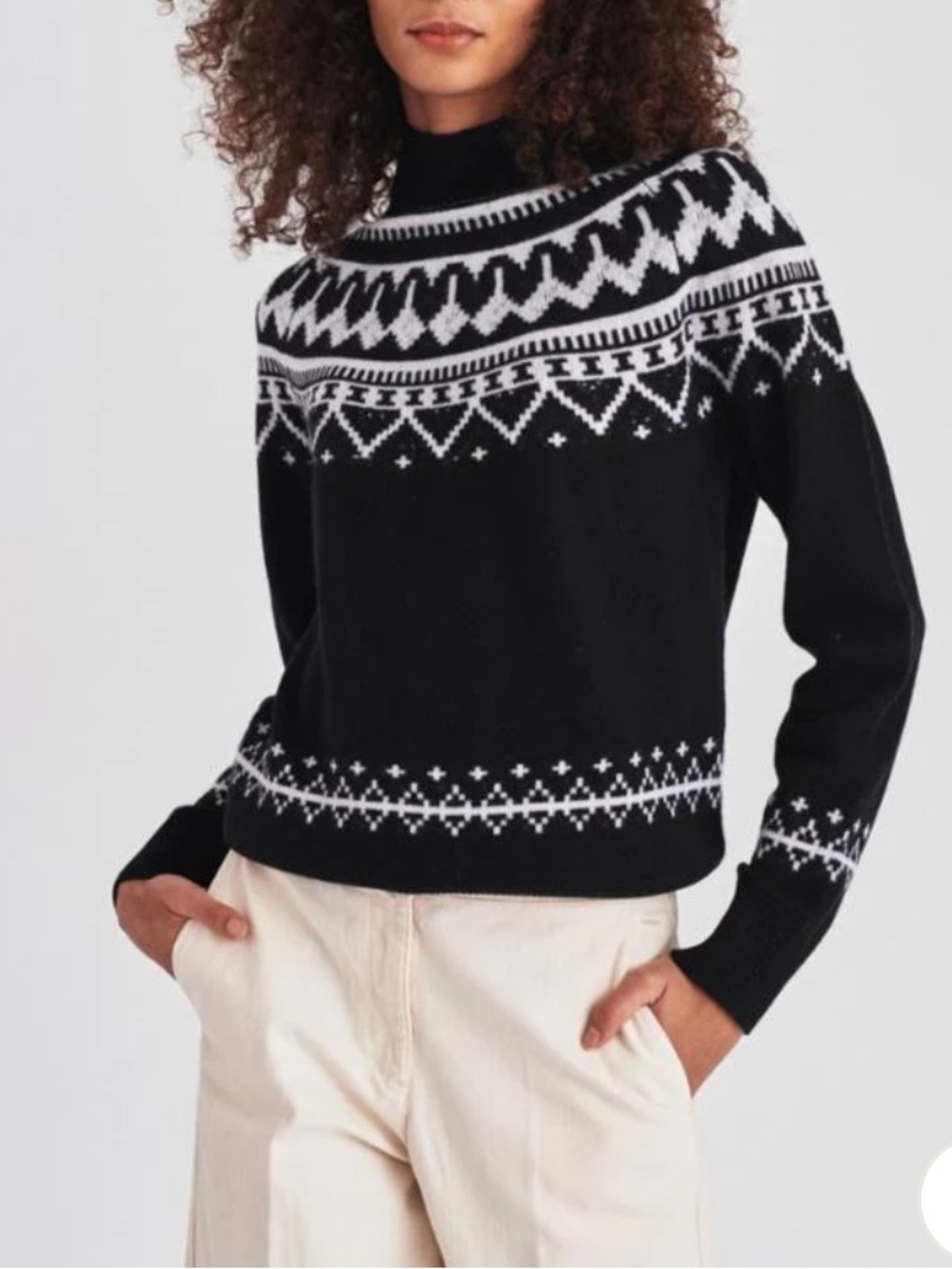 White + Warren mock neck Cashmere Luxe Fair Isle Sweater in Black